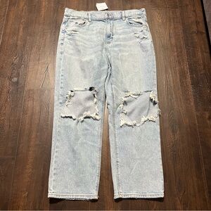 American Eagle Women Stretch Super High Waist Rip Ankle Straight Jean Sz 14